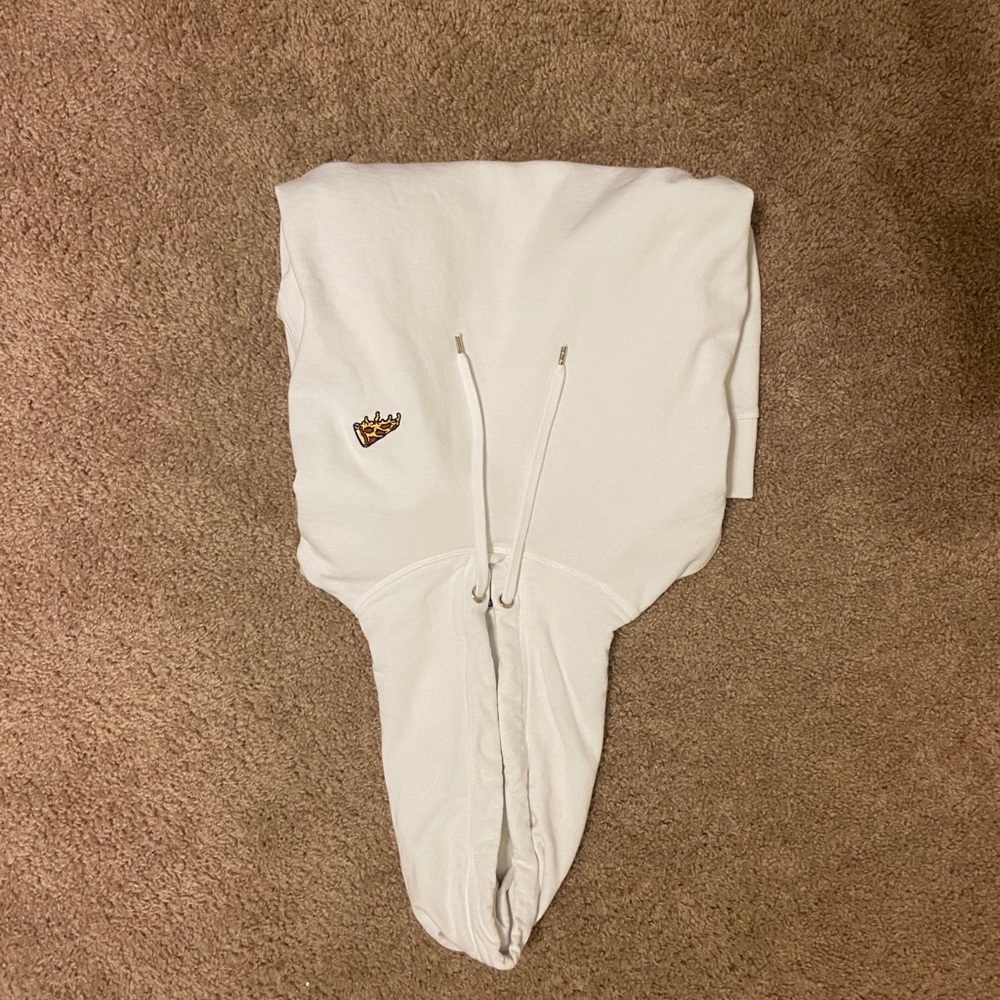 White hoodie with small pizza stitched on